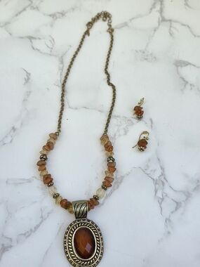 Vintage Amber Tone Statement Necklace Matching Earrings Beaded Boho Jewelry Set